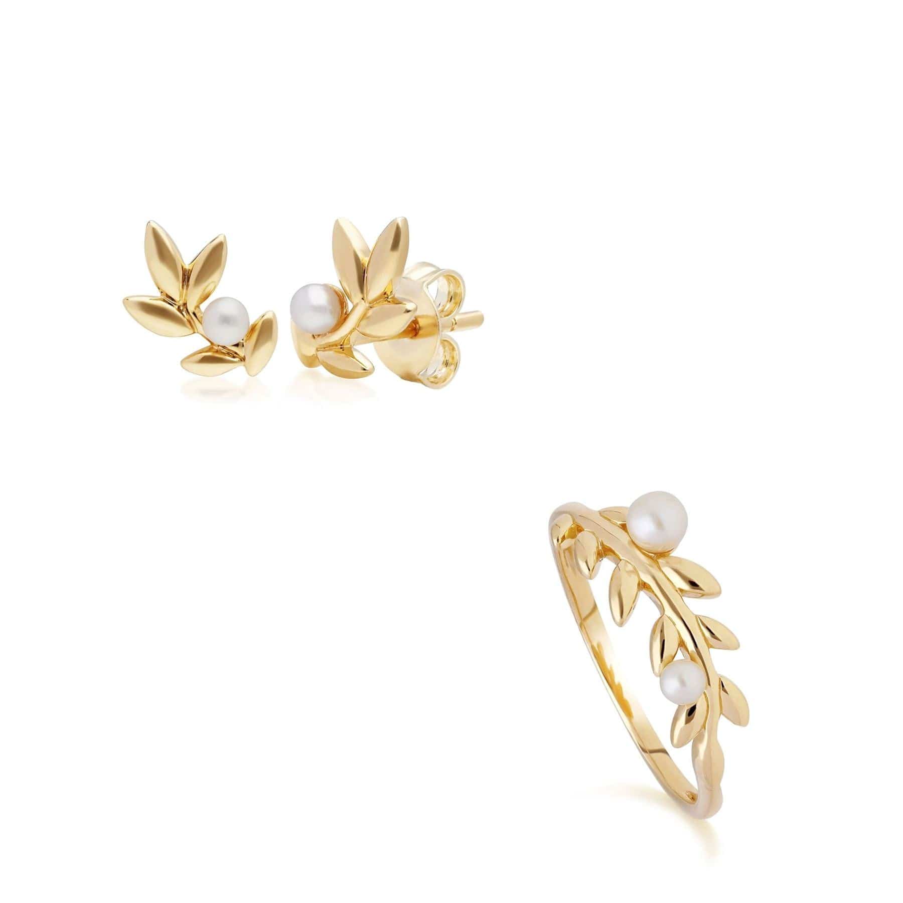 O Leaf Pearl Stud Earring & Ring Set in Gold Plated 925 Sterling Silver - Gemondo