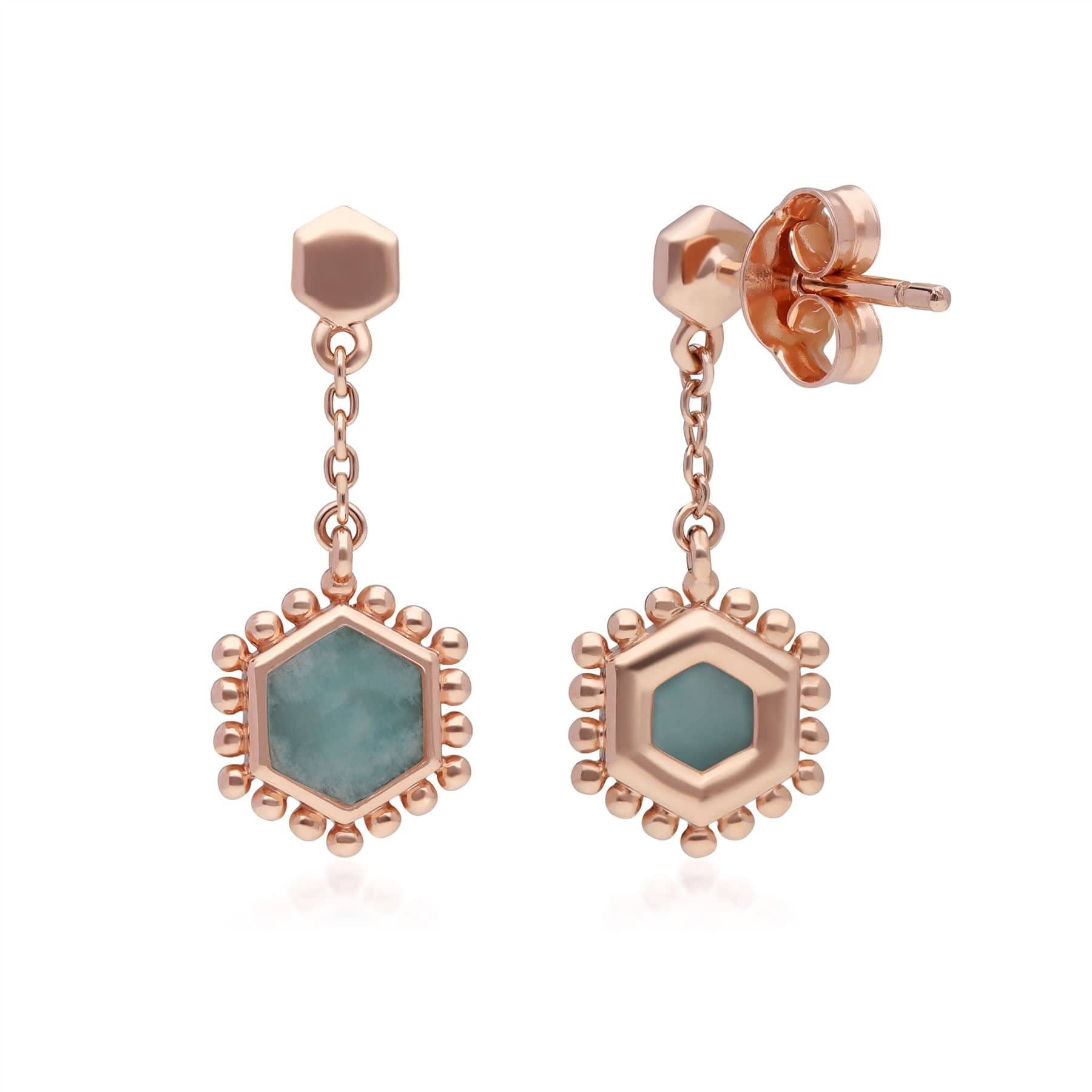 Amazonite Flat Slice Hex Drop Earrings in Rose Gold Plated  925 Sterling Silver