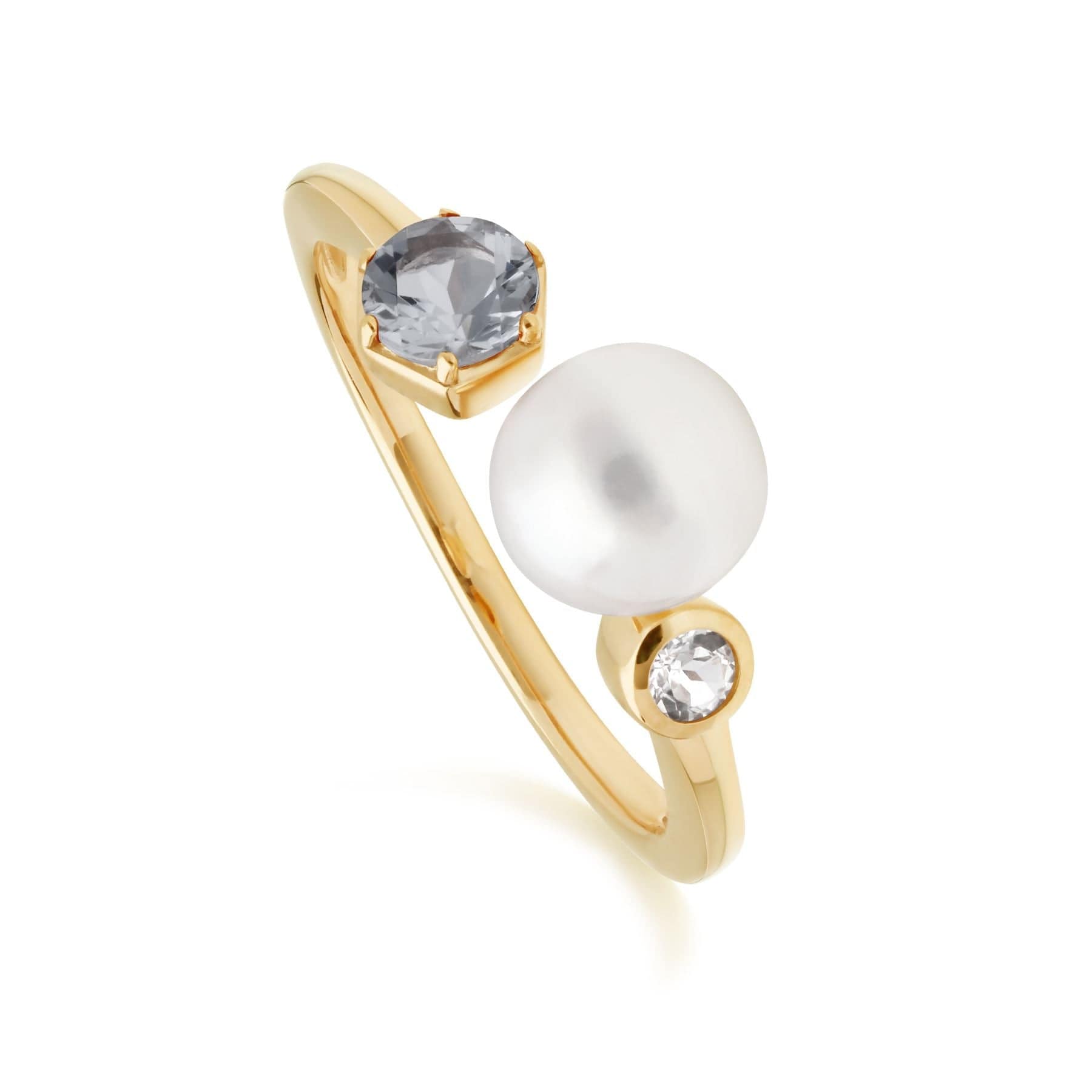 Modern Pearl, Aquamarine & Topaz Open Ring in Gold Plated Silver - Gemondo