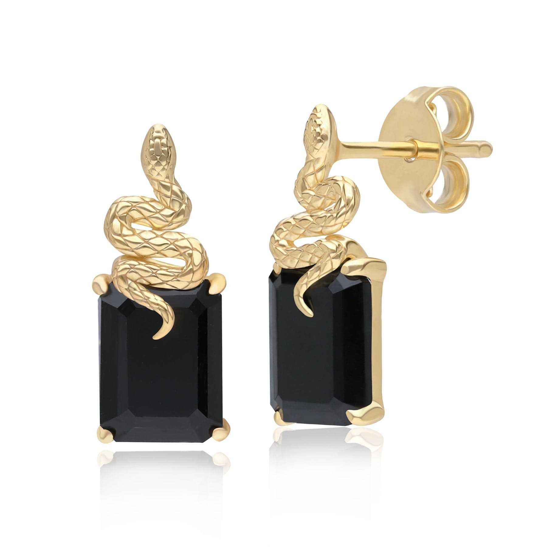 Grand Deco Black Onyx Snake Stud Earrings in Gold Plated Sterling Silver - Gemondo