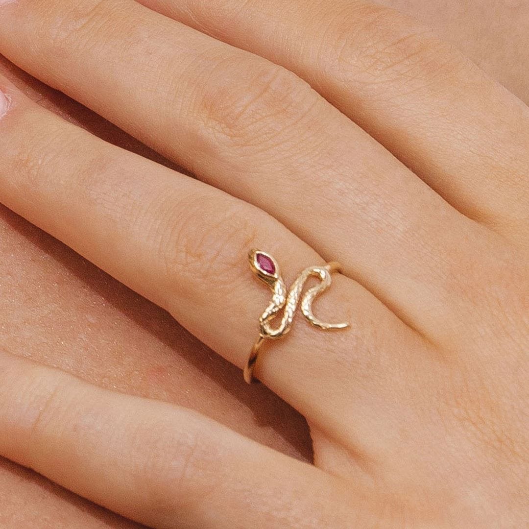 ECFEW™ Ruby Winding Snake Ring in 9ct Yellow Gold - Gemondo