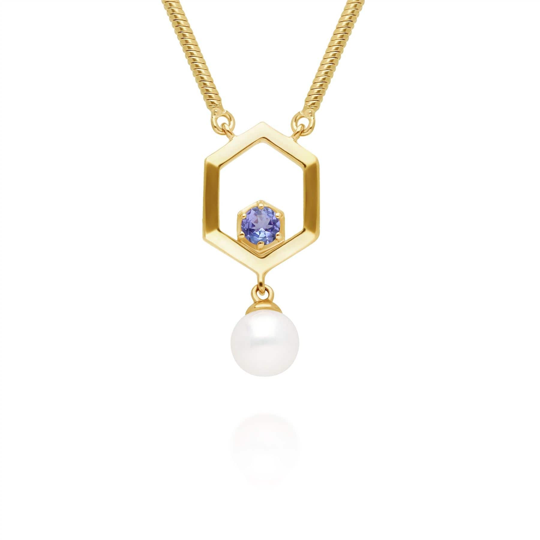 Modern Pearl & Tanzanite Hexagon Drop Necklace in Gold Plated Silver - Gemondo