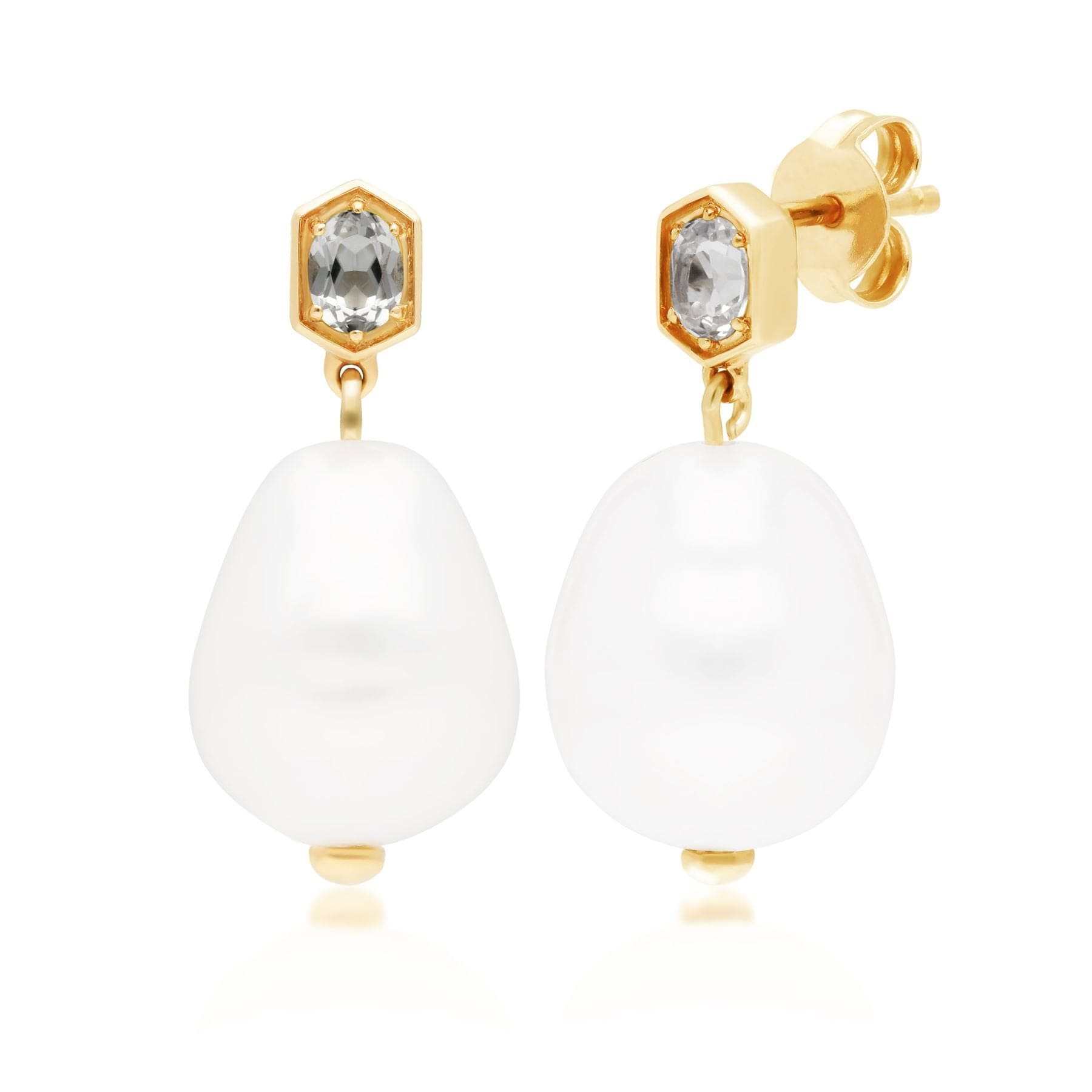 Modern Baroque Pearl & White Topaz Drop Earrings in Gold Plated Silver