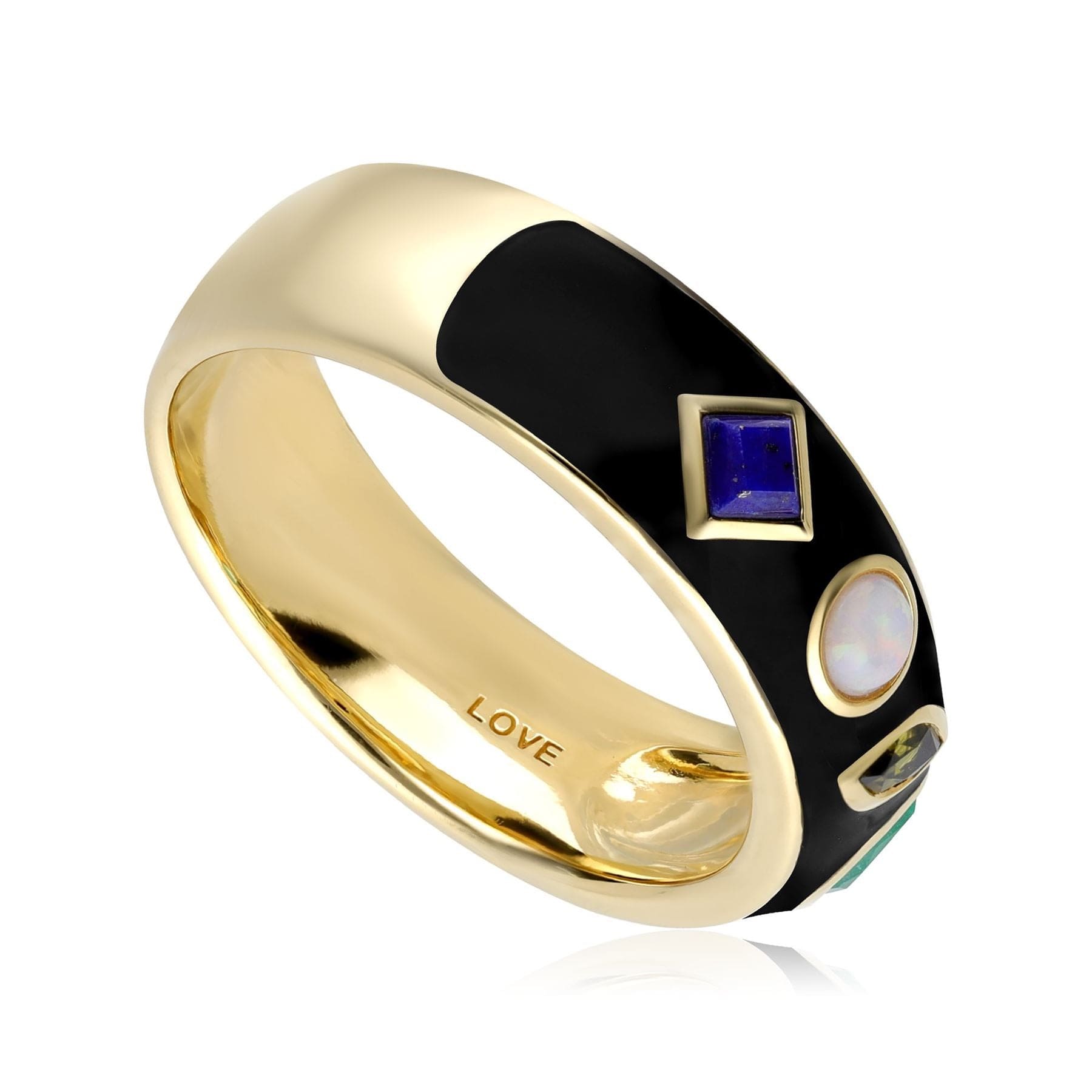 Coded Whispers Black Enamel 'Love' Acrostic Gemstone Ring In Yellow Gold Plated Silver - Gemondo