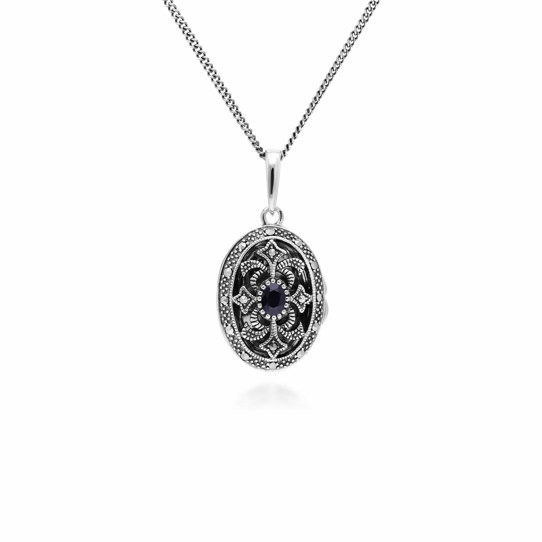 214N716203925 Art Nouveau Style Oval Sapphire & Marcasite Locket Necklace in 925 Sterling Silver 1