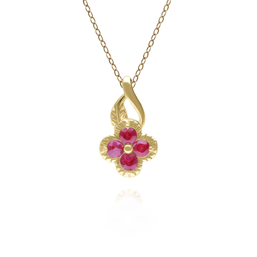 135P2096039 Floral Round Ruby Pendant in 9ct Yellow Gold 1