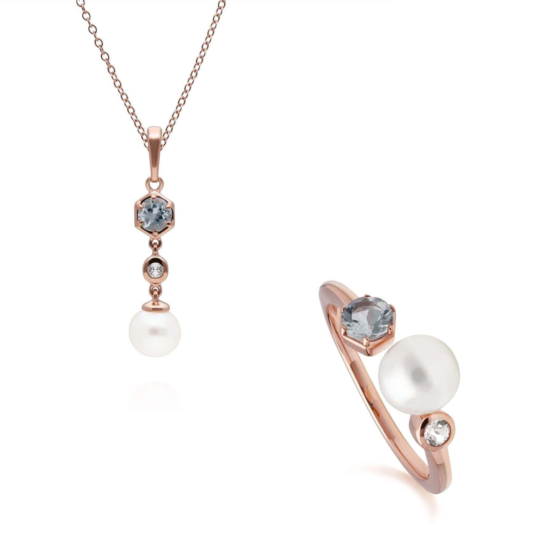 Modern Pearl, Aquamarine & Topaz Pendant & Ring Set in Rose Gold Plated Silver - Gemondo