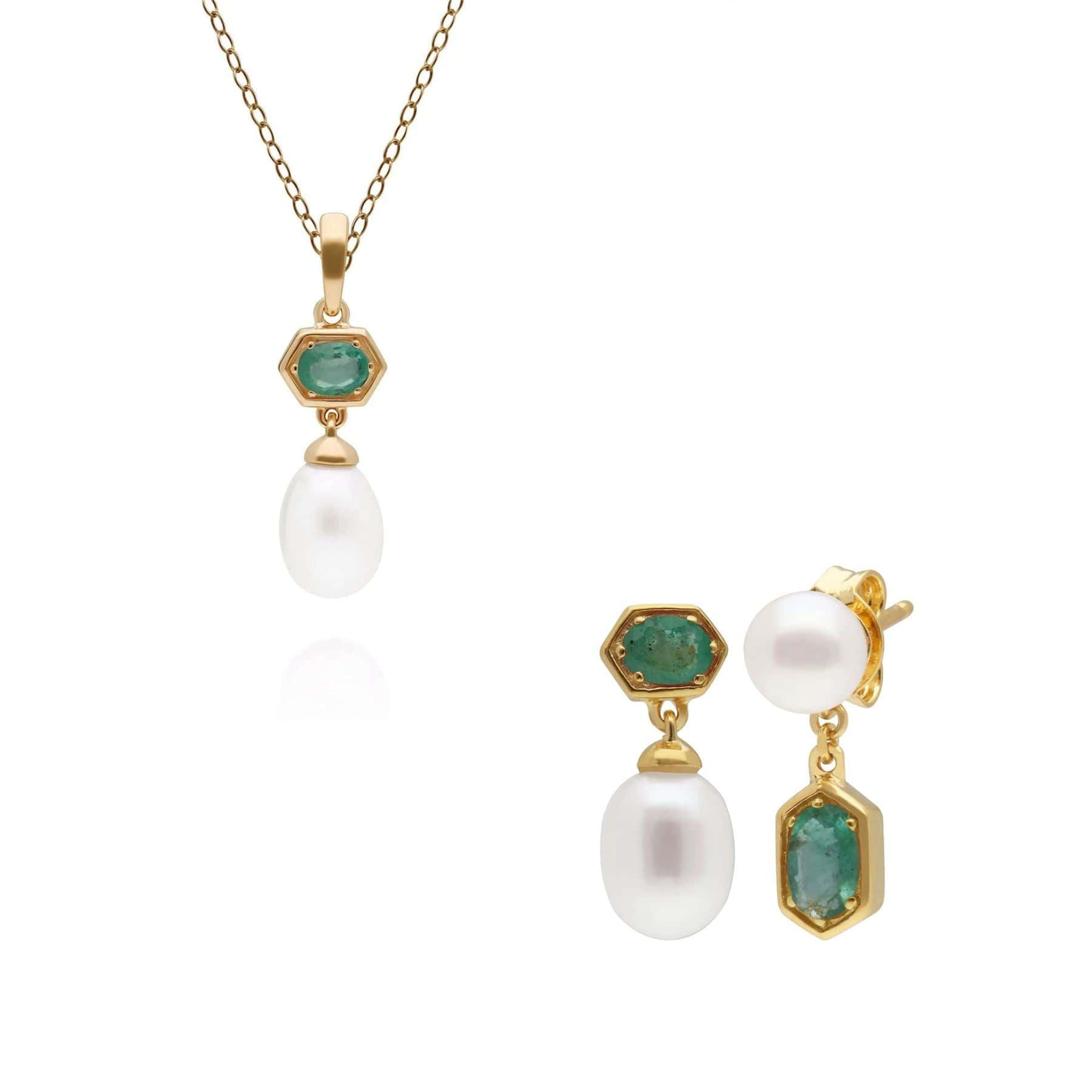 Modern Pearl & Emerald Pendant & Earring Set in Gold Plated Silver - Gemondo
