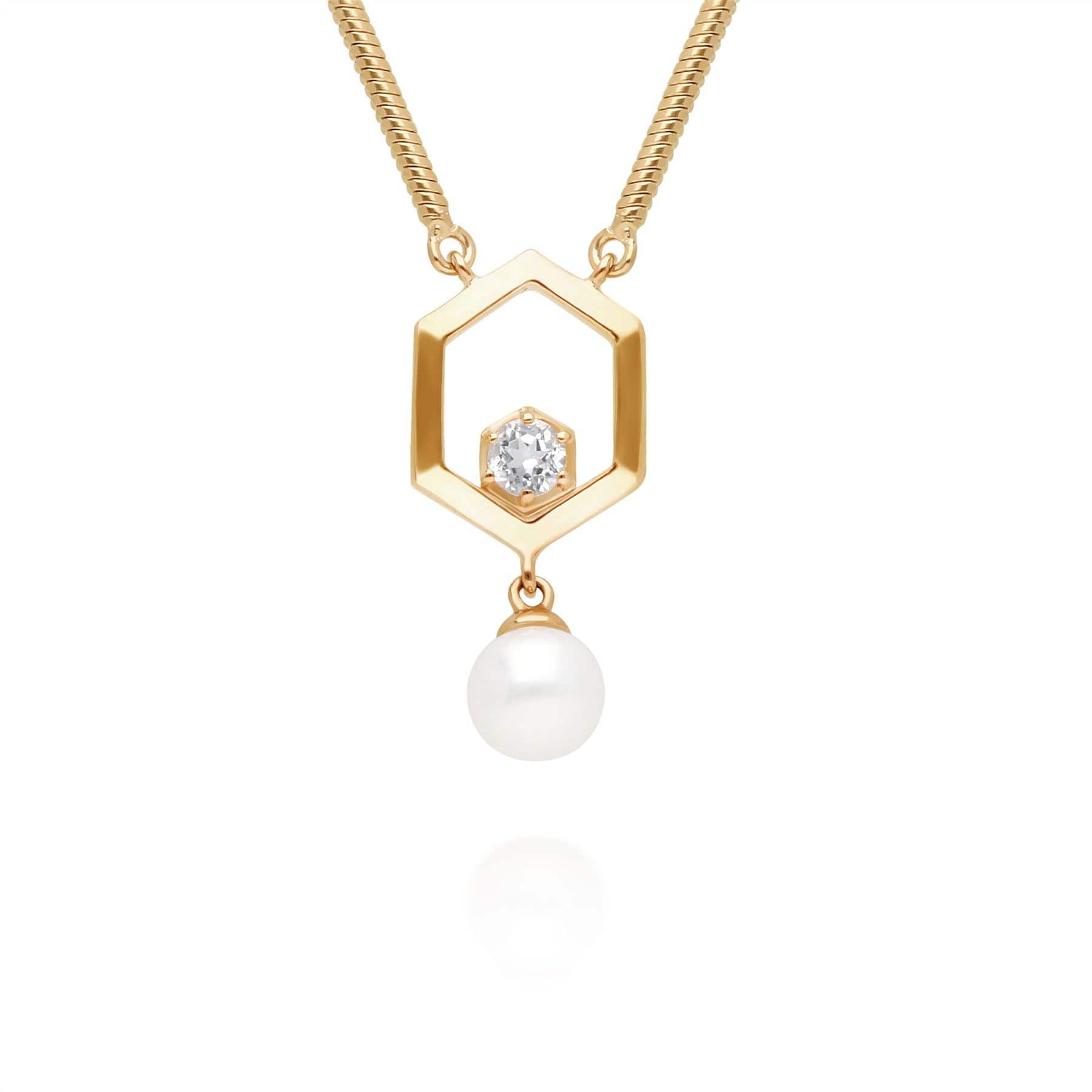 Modern Pearl & White Topaz Hexagon Drop Necklace in Gold Plated Silver - Gemondo