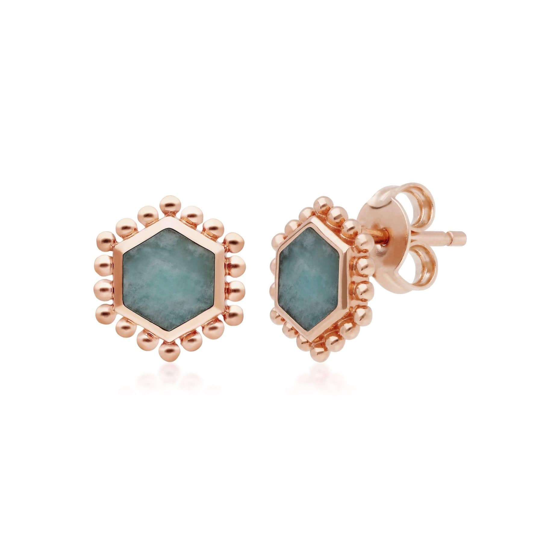 271E020901925 Amazonite Flat Slice Hex Stud Earrings in Rose Gold Plated Silver 1