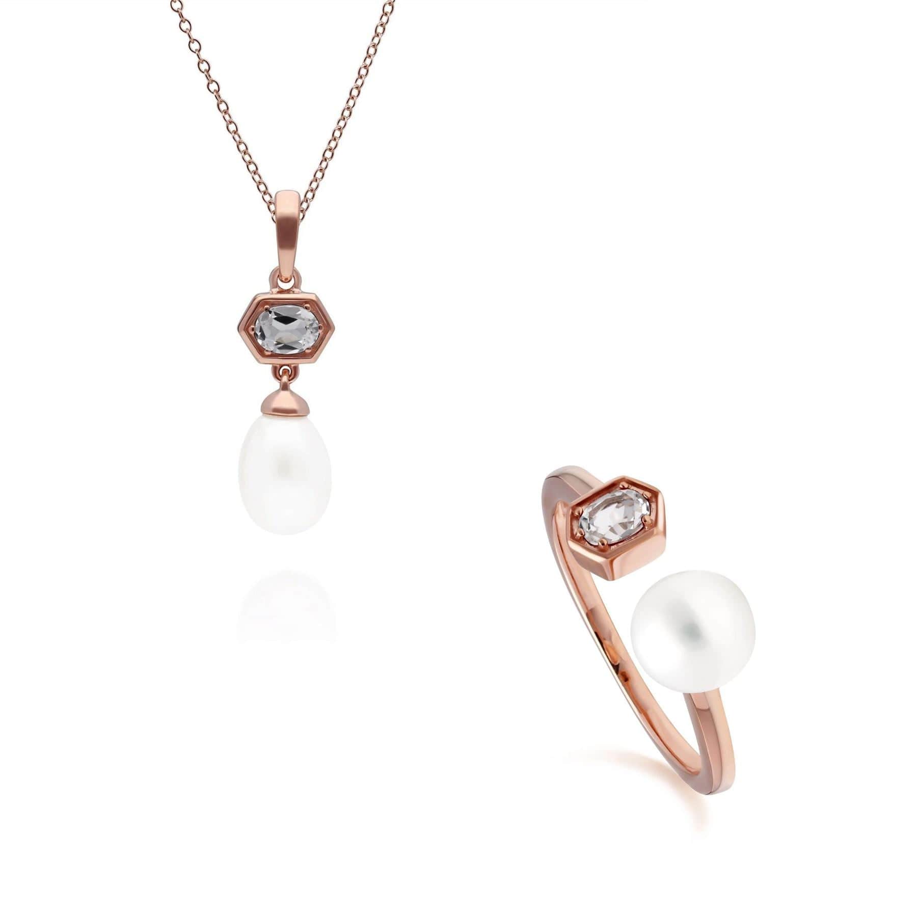 Modern Pearl & Tanzanite Pendant & Ring Set in Rose Gold Plated Silver - Gemondo