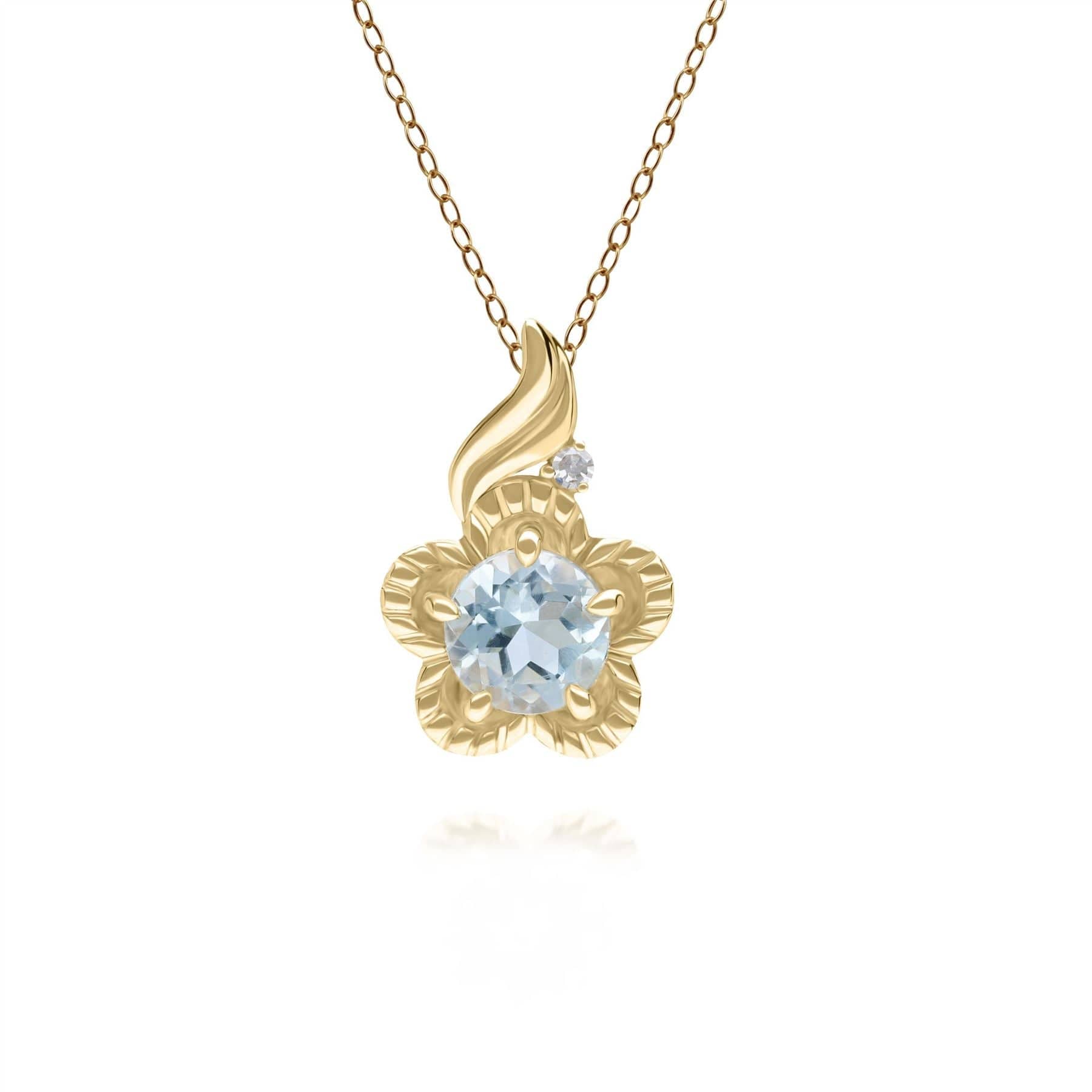 Floral Round Blue Topaz & Diamond Pendant in 9ct Yellow Gold - Gemondo