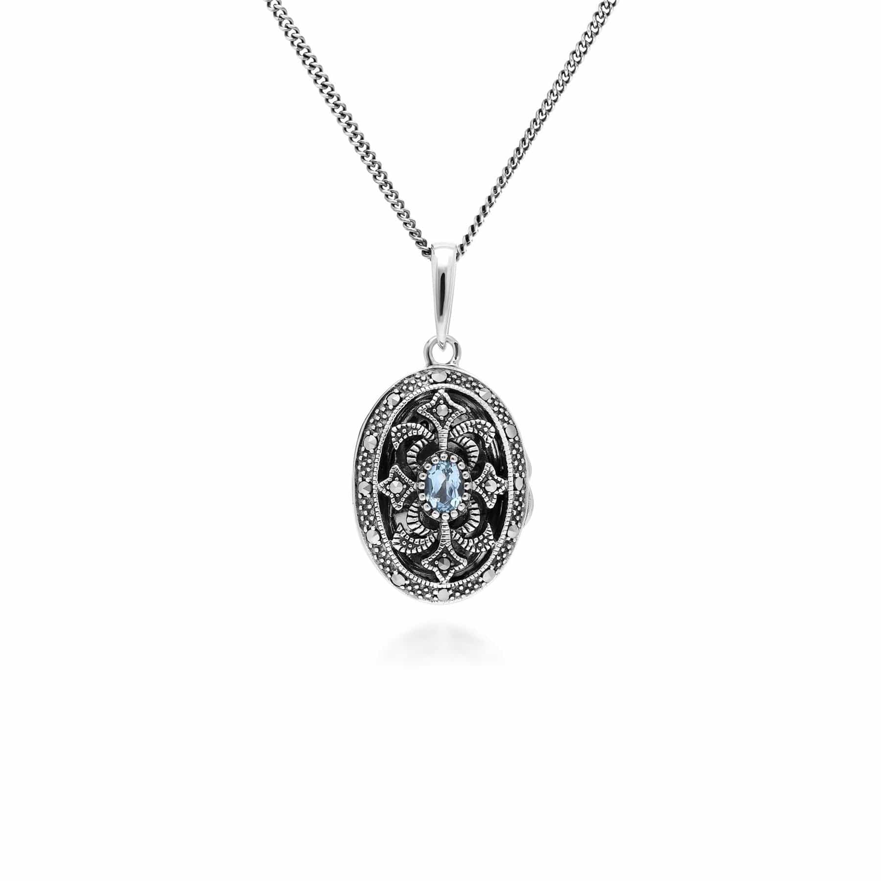 Art Nouveau Style Oval Aquamarine & Marcasite Locket Necklace in 925 Sterling Silver - Gemondo