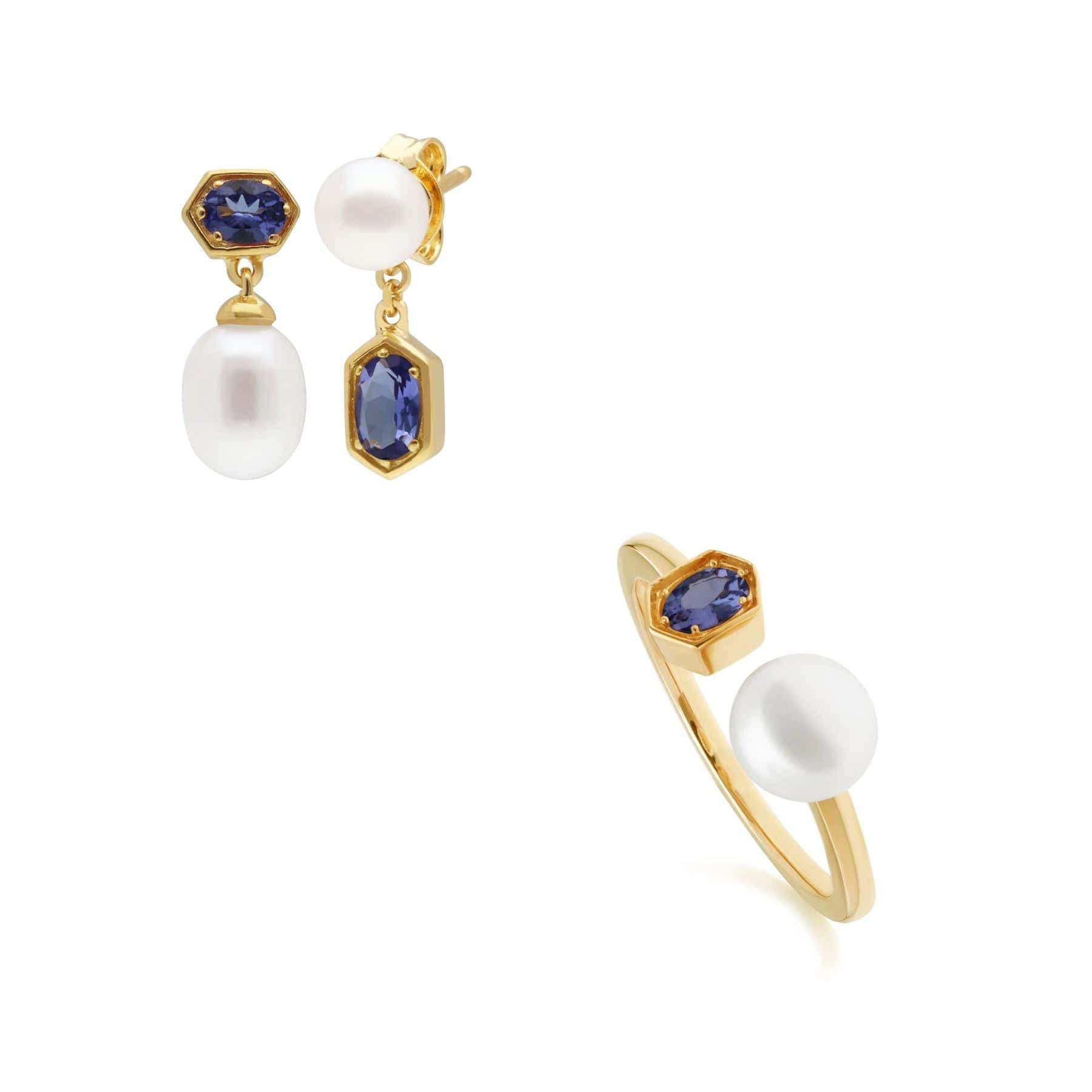 Modern Pearl & Tanzanite Earring & Ring Set in Gold Plated Silver - Gemondo