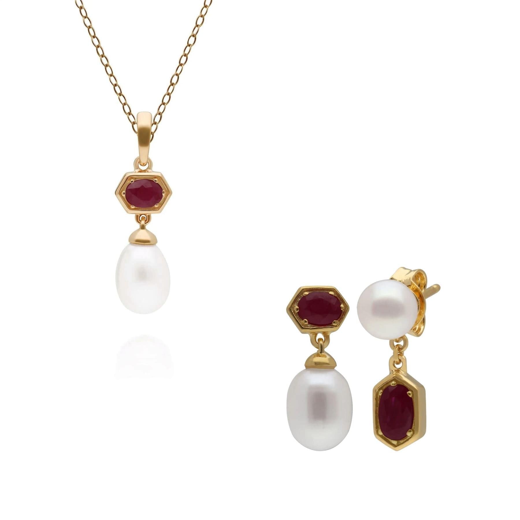 Modern Pearl & Ruby Earring & Pendant Set in Gold Plated Silver - Gemondo