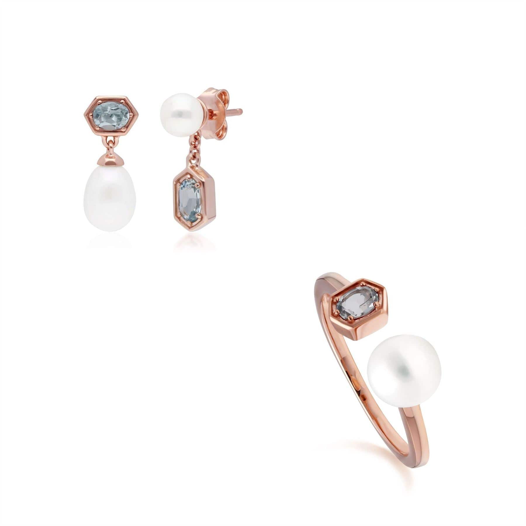 Modern Pearl & Aquamarine Earring & Ring Set in Rose Gold Plated Silver - Gemondo