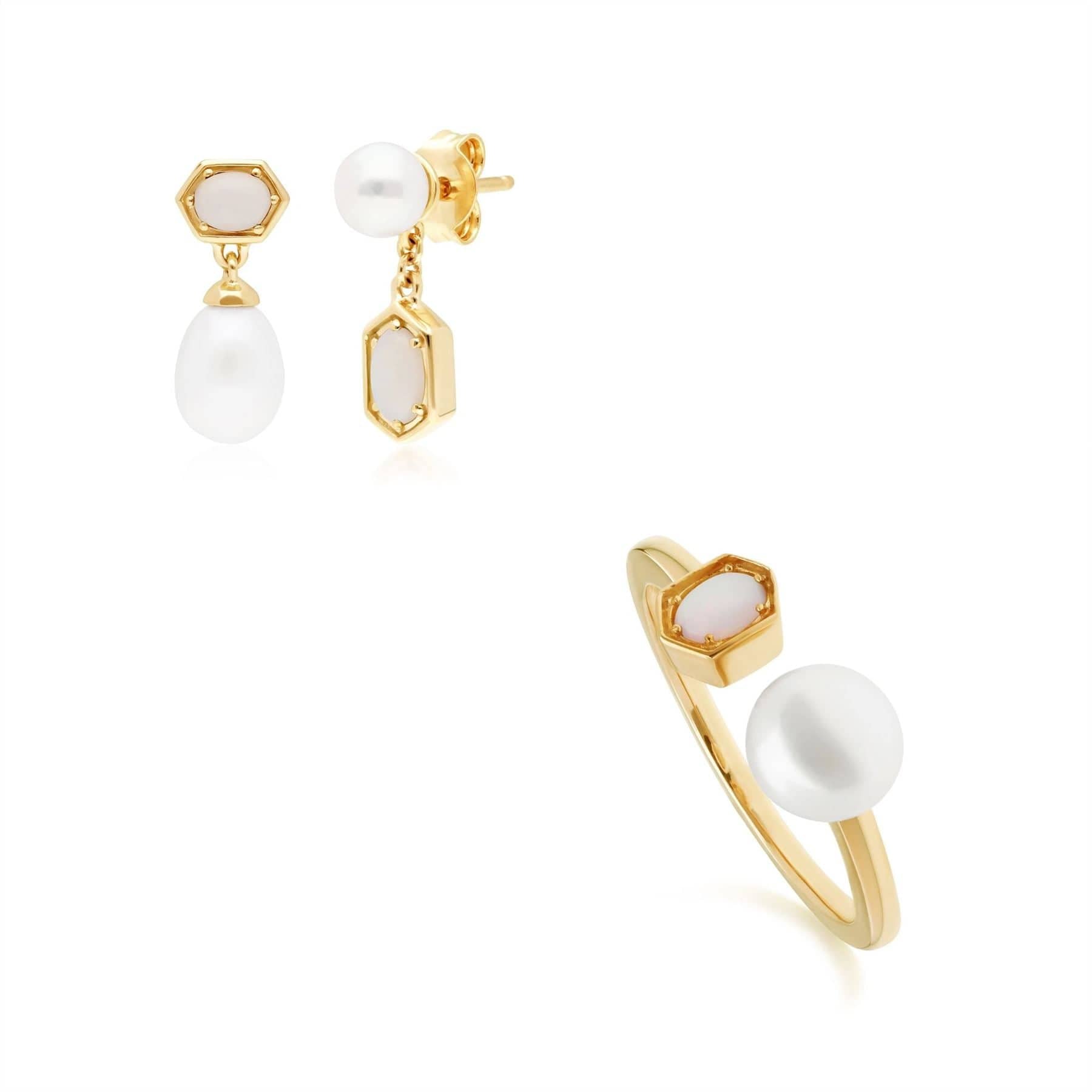 Modern Pearl & Opal Earring and Ring Set in Gold Plated Silver