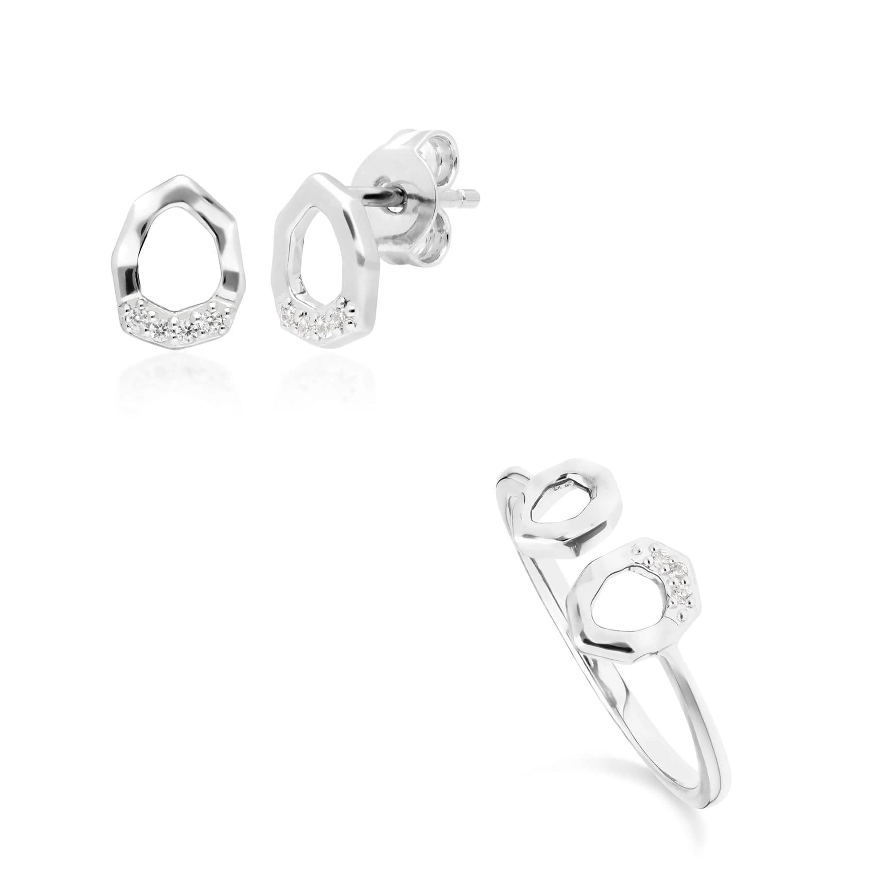 Diamond Pave Asymmetrical Stud Earring & Ring Set in 9ct White Gold
