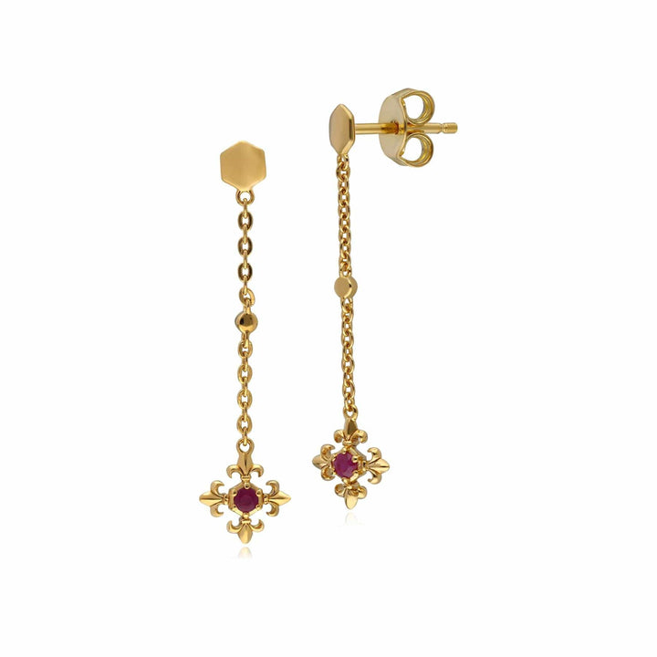 132E2678019 ECFEW™ Ruby Fleur De Lis Dangle Drop Earrings In 9ct Yellow Gold 1