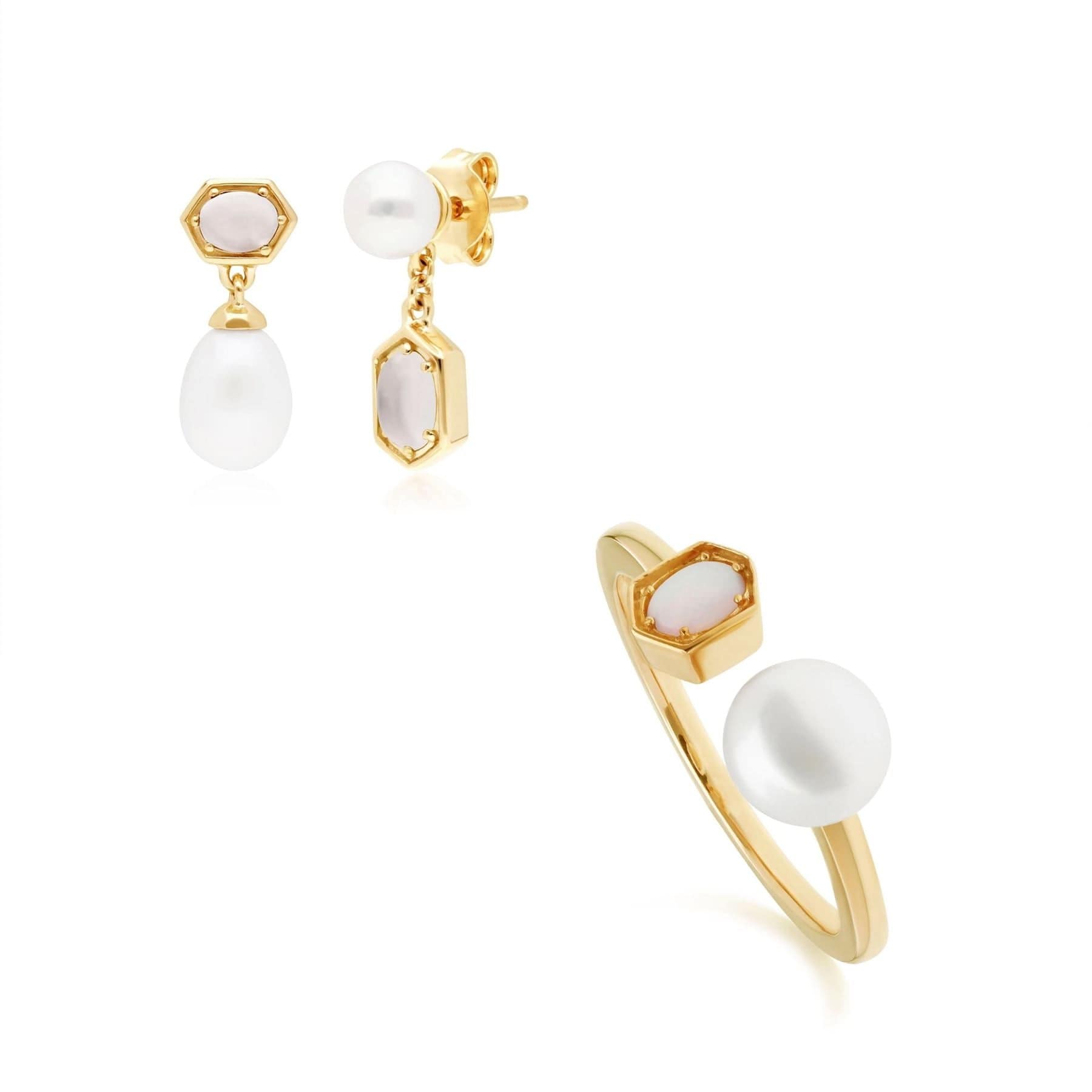 Modern Pearl & Moonstone Earring & Ring Set in Gold Plated Silver - Gemondo