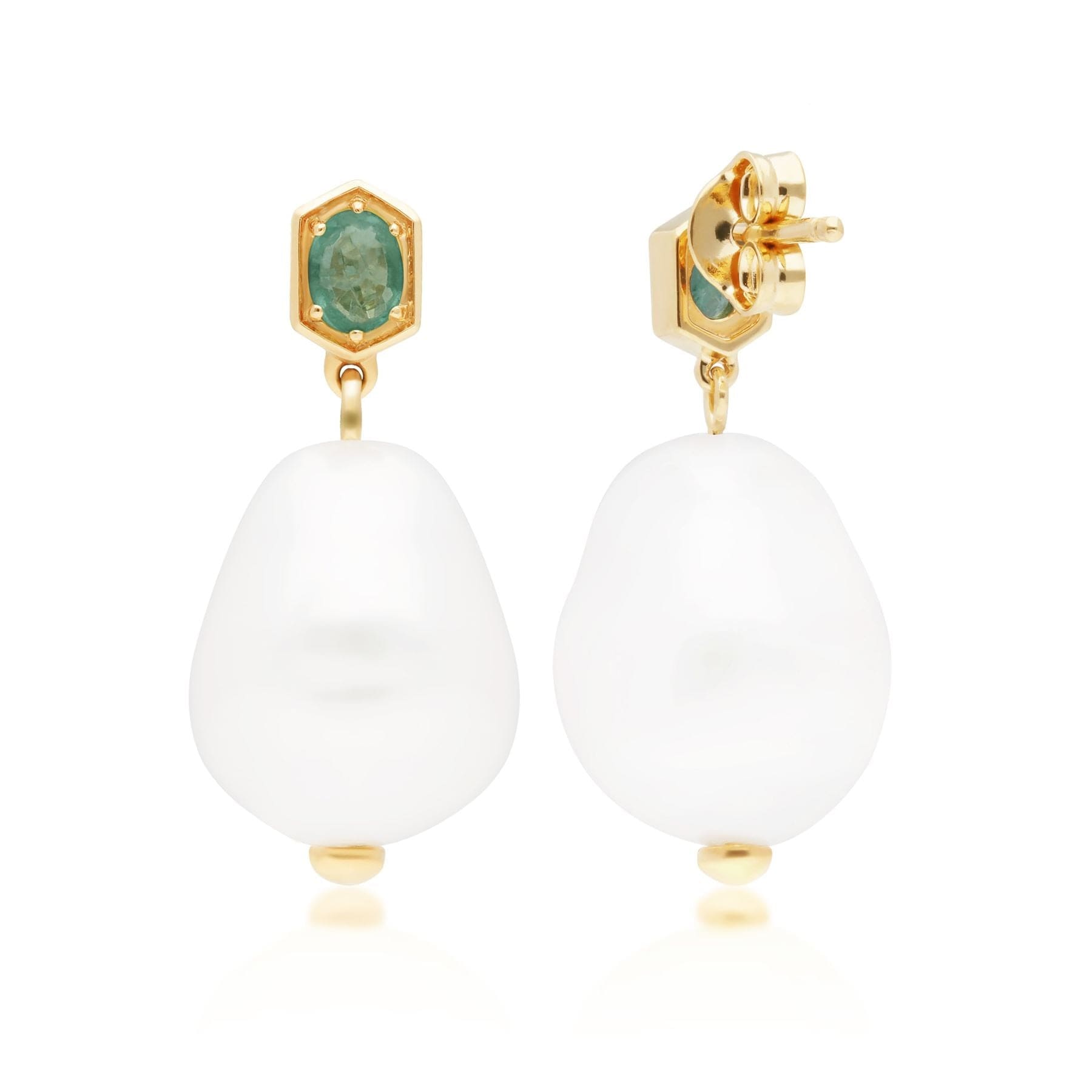 Modern Baroque Pearl & Emerald Drop Earrings in Gold Plated Silver - Gemondo