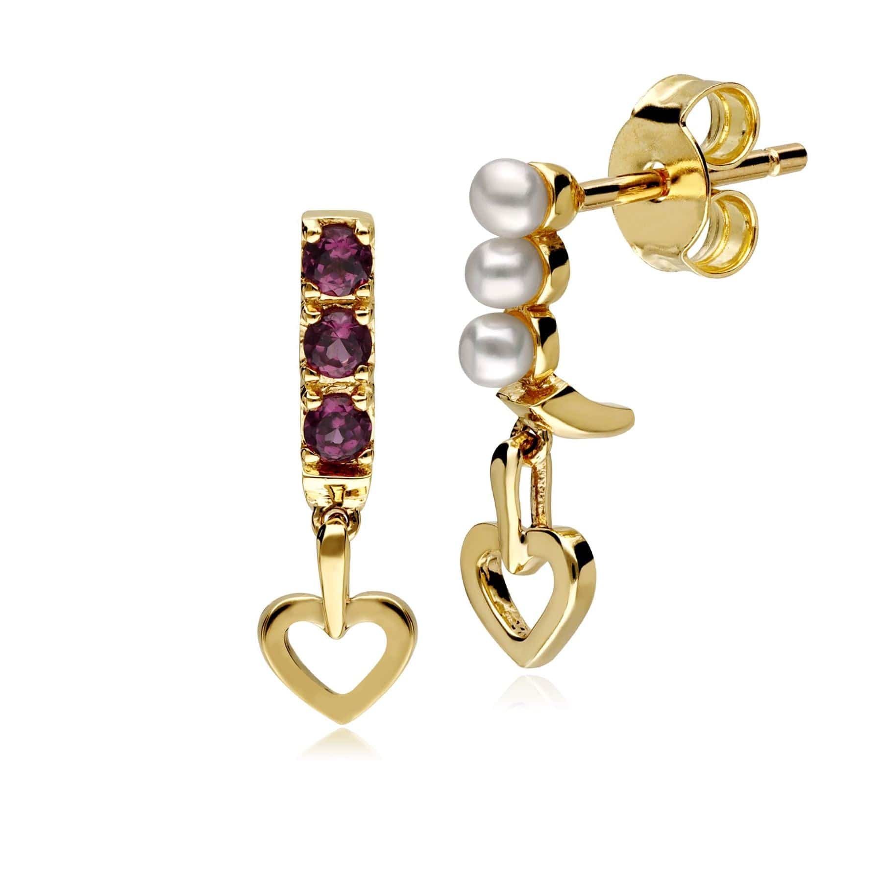 Cultured Freshwater Pearl & Rhodolite Mismatched Heart Drop Earrings In 9ct Yellow Gold - Gemondo