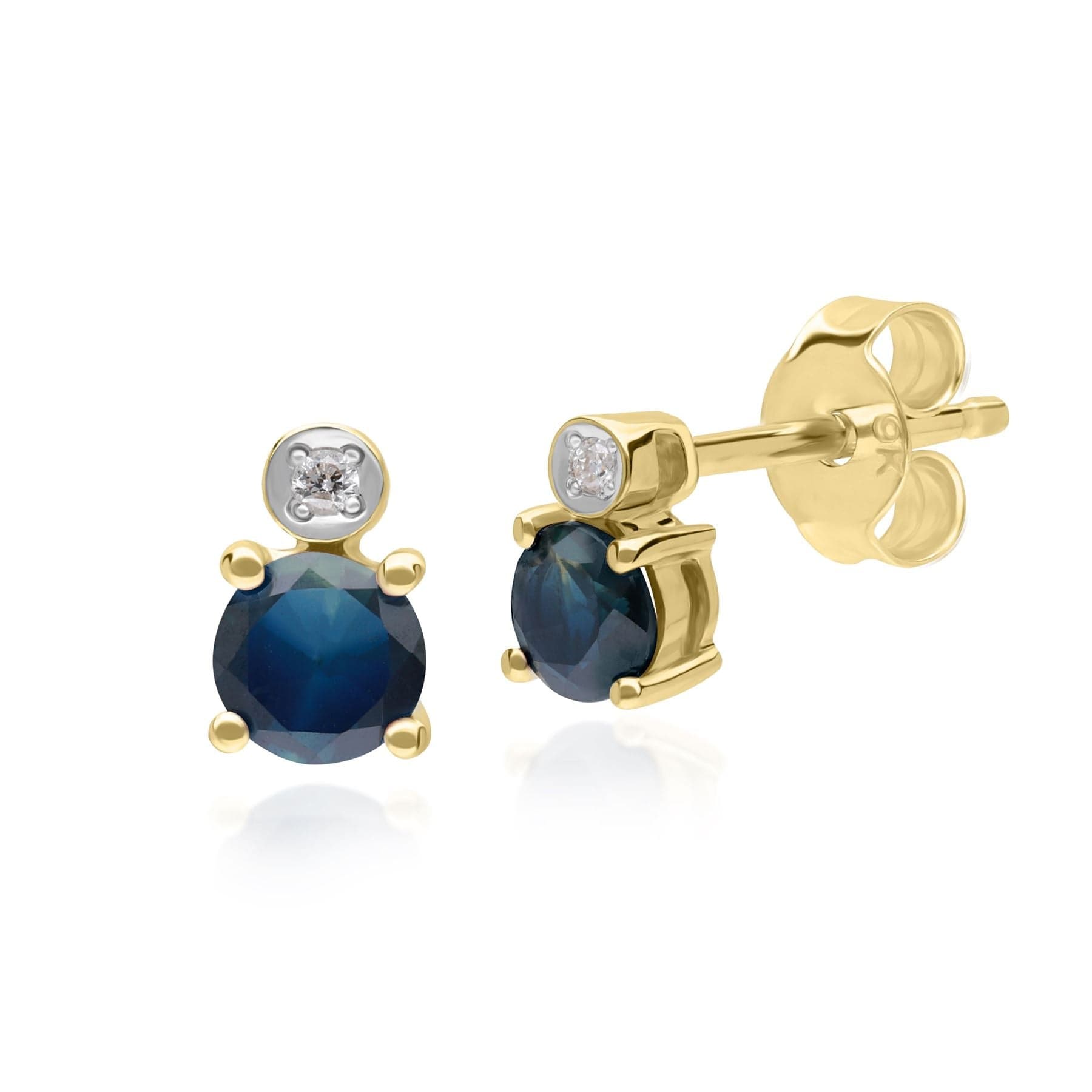 Micro Statement Round Sapphire & Diamond Stud Earrings in 9ct Yellow Gold - Gemondo