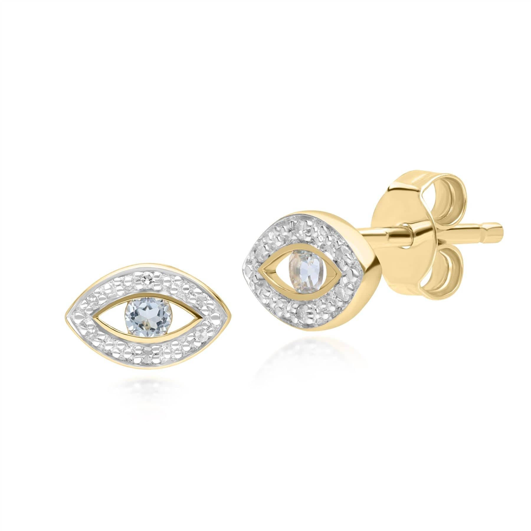 ECFEW™ Dainty Evil Eye Blue Topaz & Diamond Stud Earrings in 9ct Yellow Gold - Gemondo