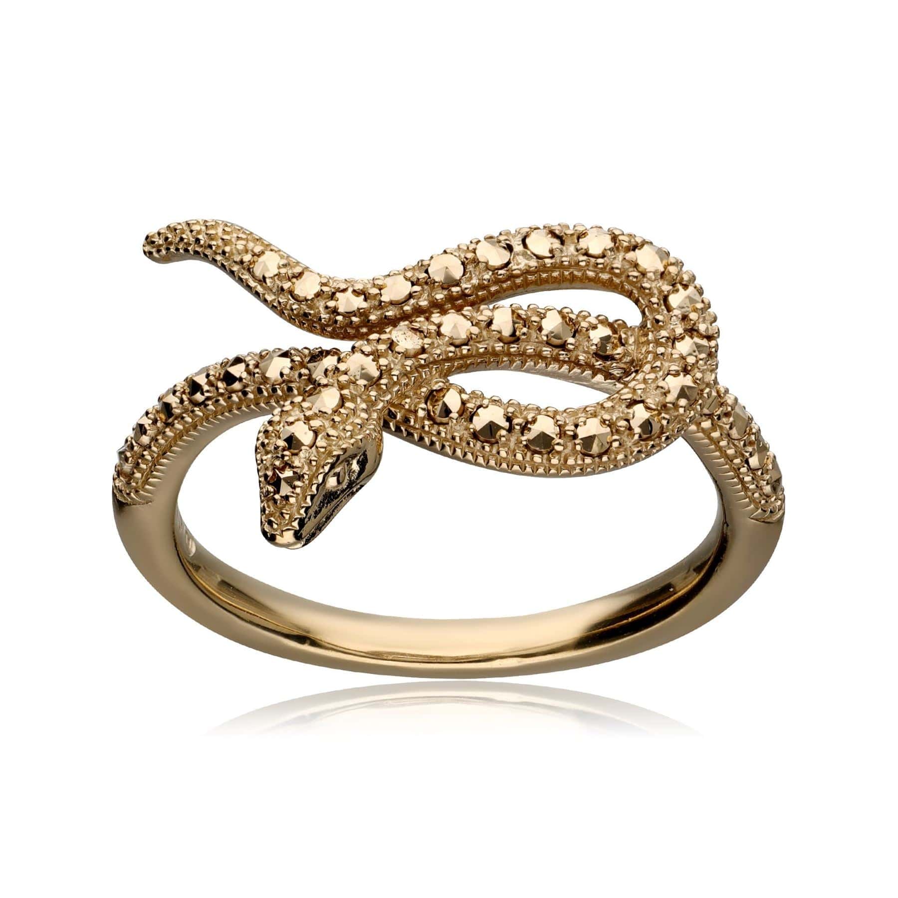 Art Nouveau Marcasite Winding Snake Ring in 18ct Gold Plated Silver - Gemondo