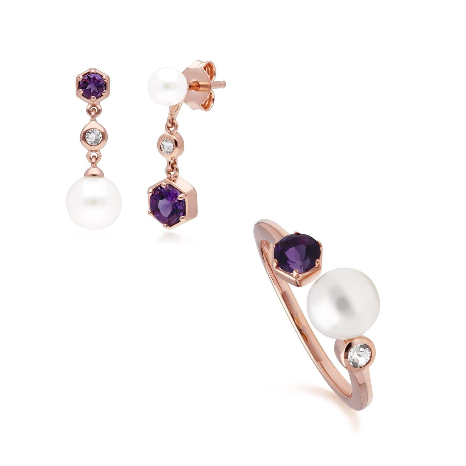 Modern Pearl, Amethyst & Topaz Earring & Ring Set in Rose Gold Plated Silver - Gemondo