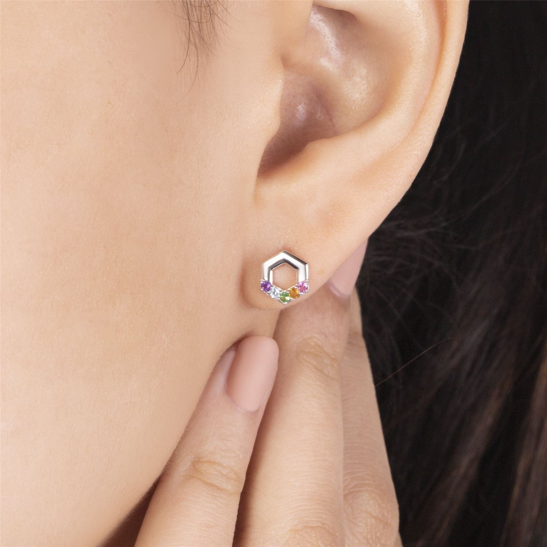 Rainbow Hexagon Stud Earrings in Sterling Silver on model