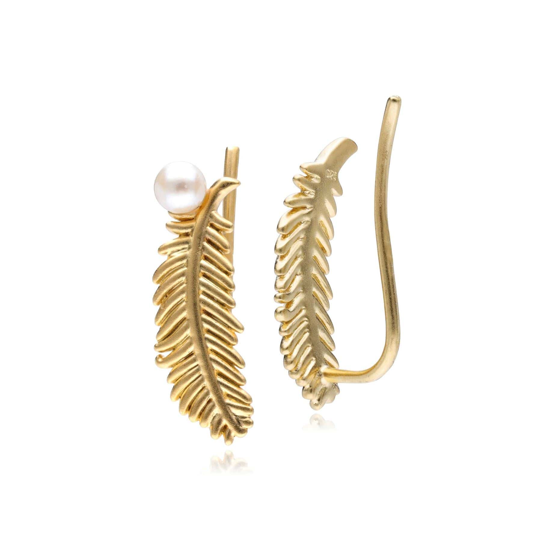 ECFEW™ Unifier Diamond & Cultured Pearl Feather Earrings In 9ct Yellow Gold - Gemondo
