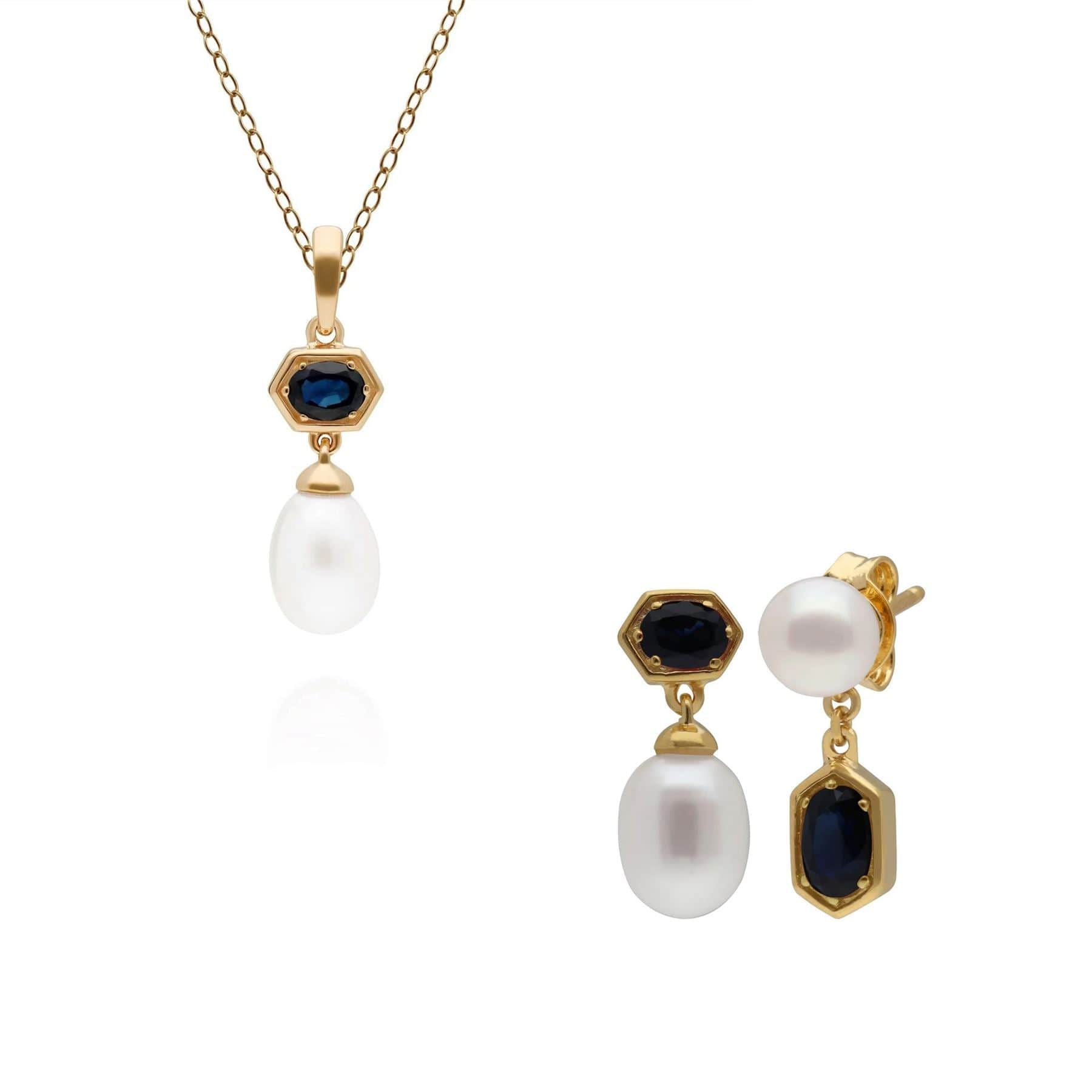 Modern Pearl & Sapphire Pendant & Earring Set in Gold Plated Sterling Silver