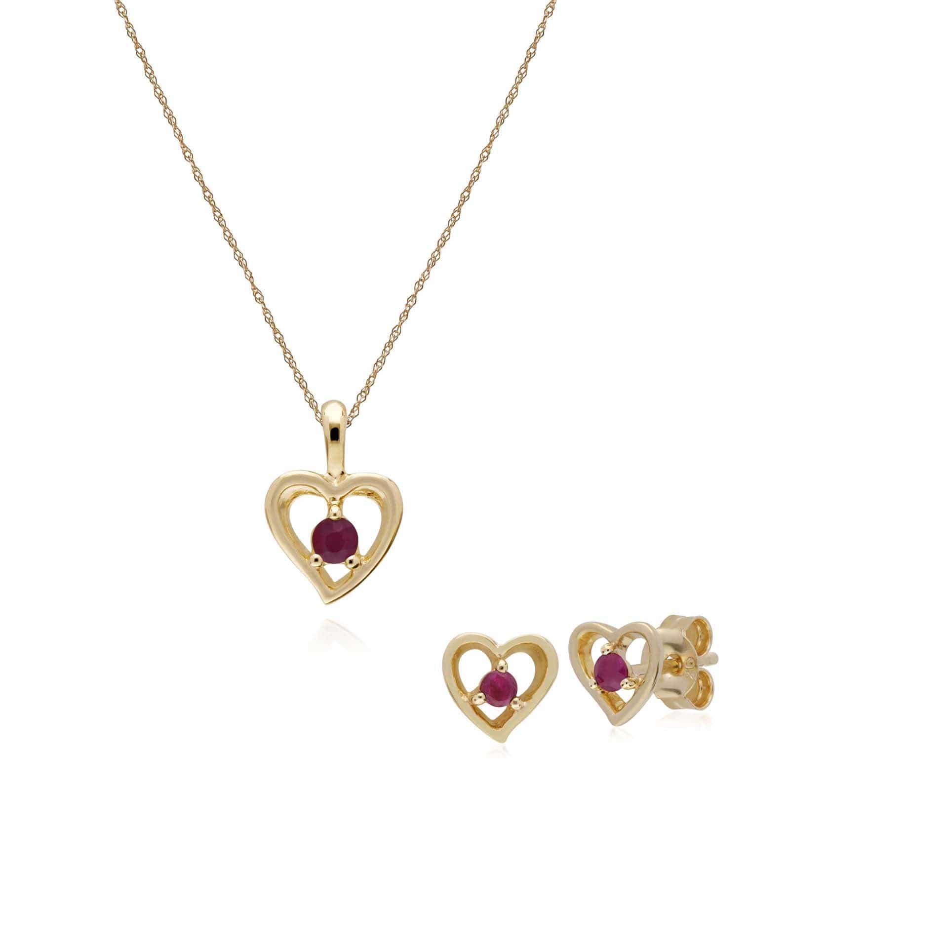135E1521029-135P1875099 Classic Round Ruby Single Stone Heart Stud Earrings & Necklace Set in 9ct Yellow Gold 1