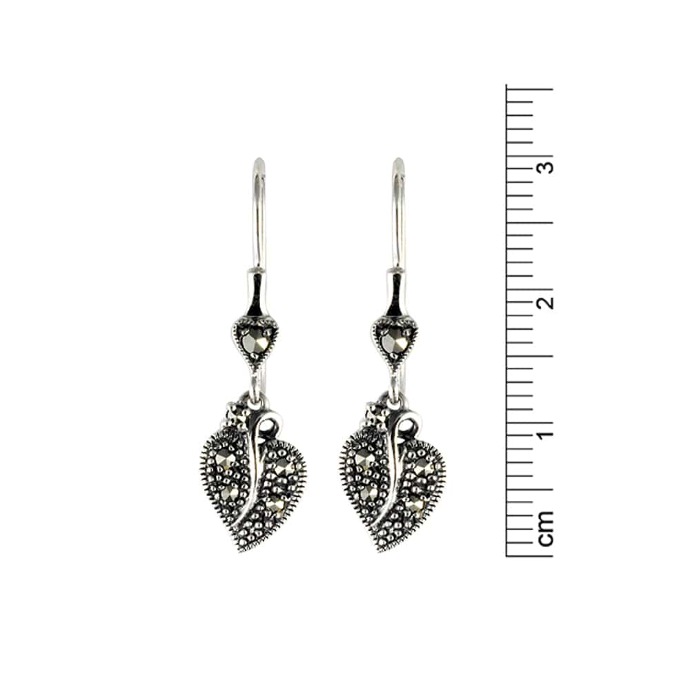S10E036301925 Art Nouveau Style Round Marcasite Leaf Drop Earrings in 925 Sterling Silver 3