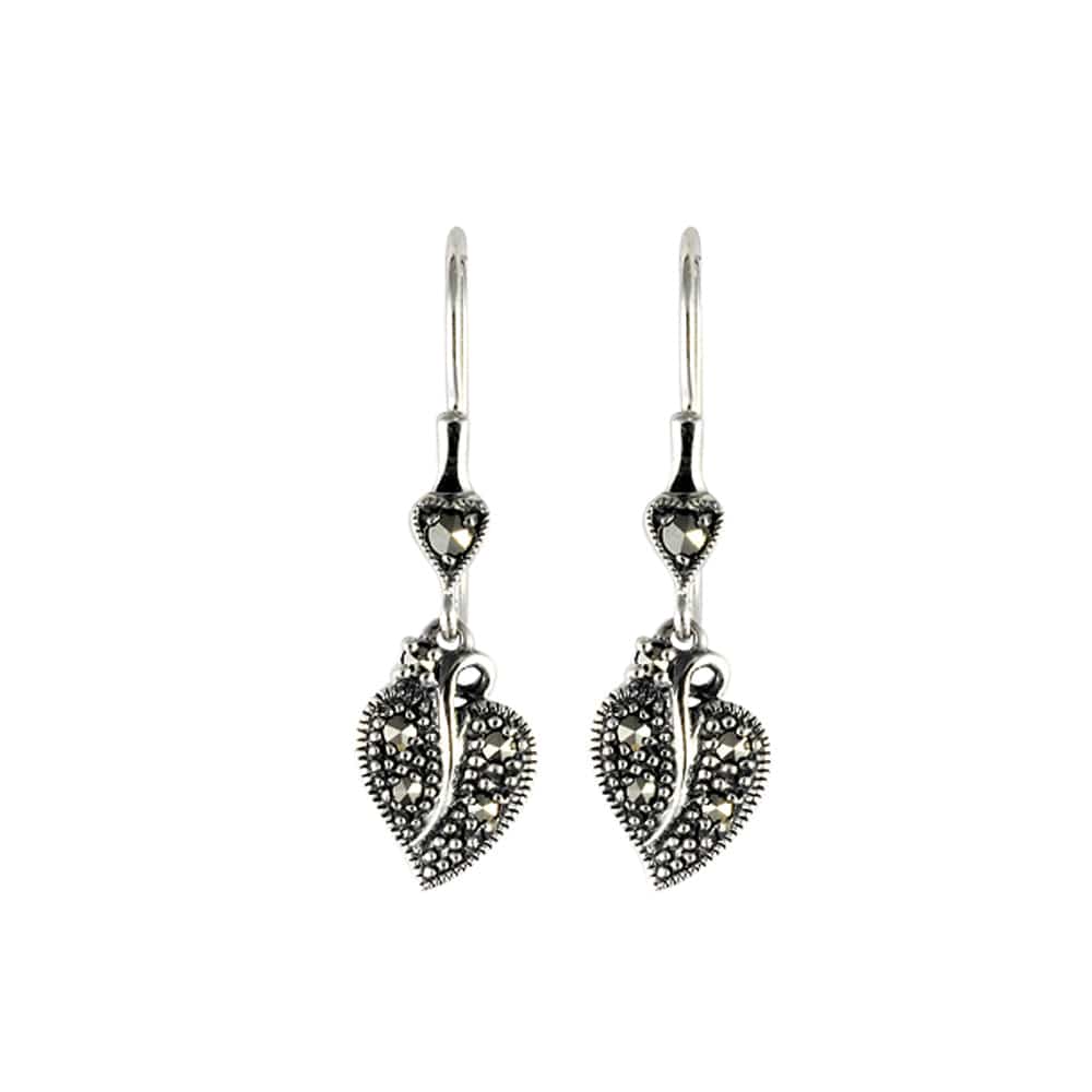 Art Nouveau Style Round Marcasite Leaf Drop Earrings in 925 Sterling Silver - Gemondo