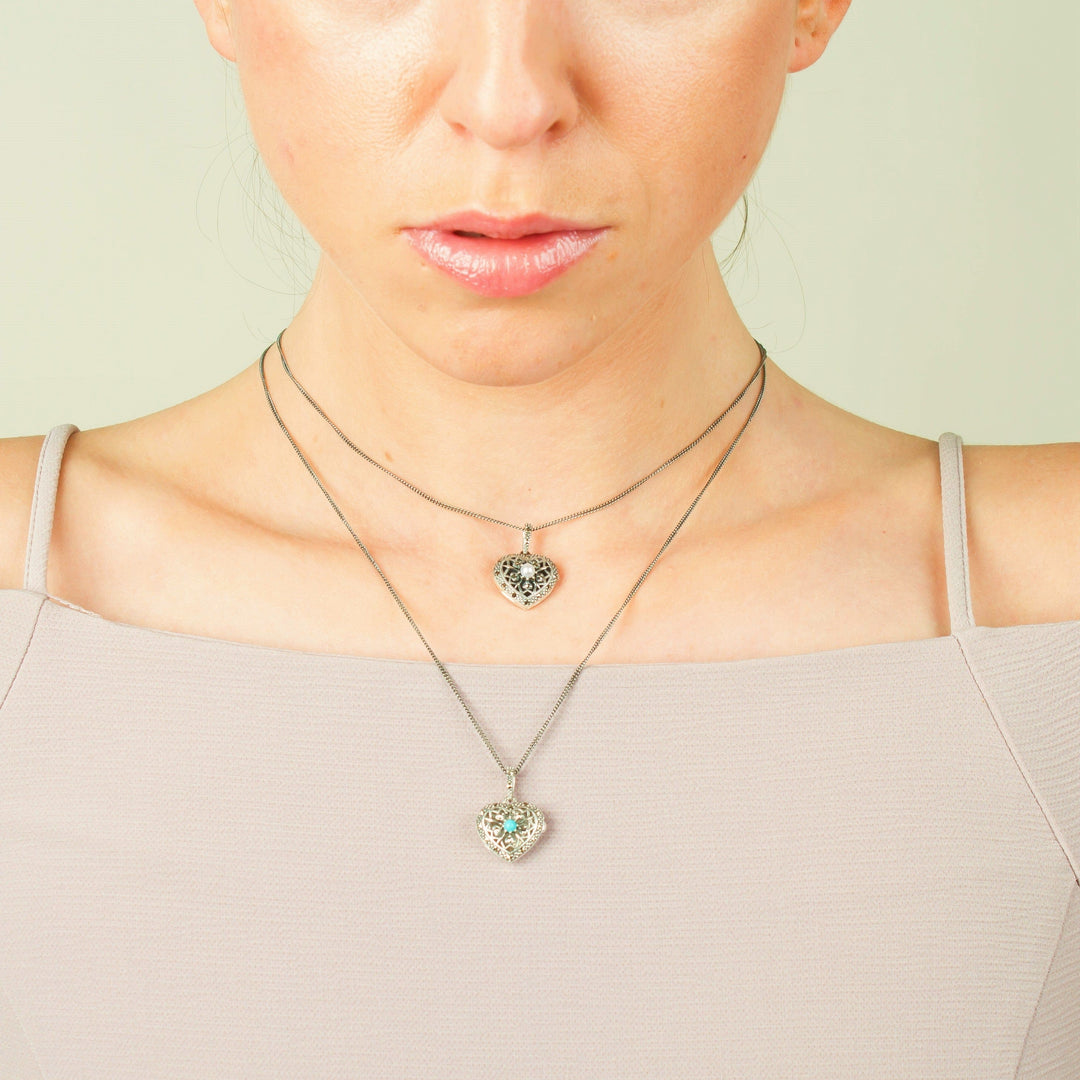 214N688402925 Art Nouveau Style Round Turquoise & Marcasite Heart Necklace in 925 Sterling Silver 3